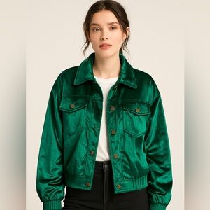 Meaneor- Emerald Green Velvet Bomber Jacket Y2K